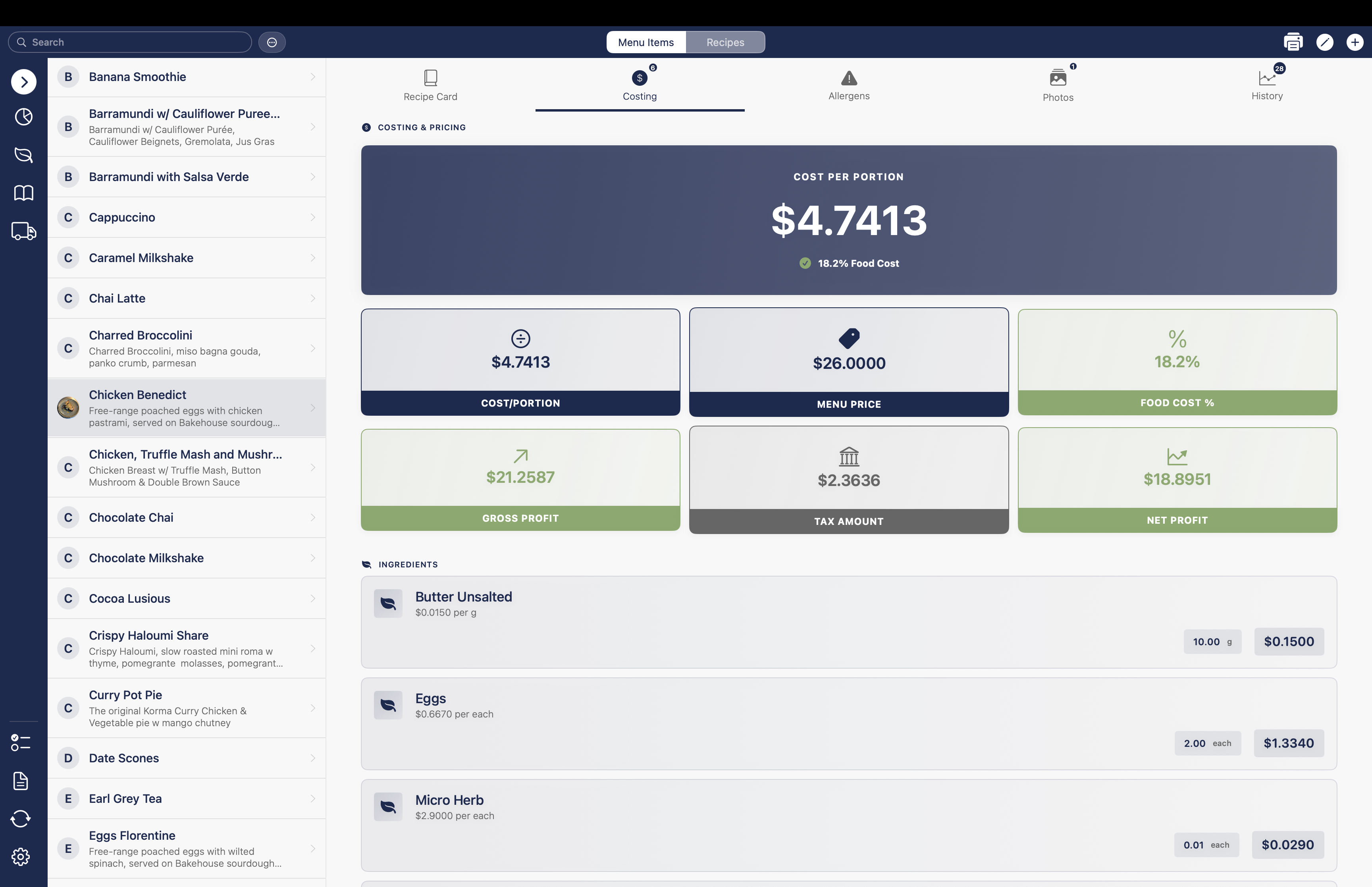 Plate Pro costing breakdown showing cost per portion, menu price, and profit margins