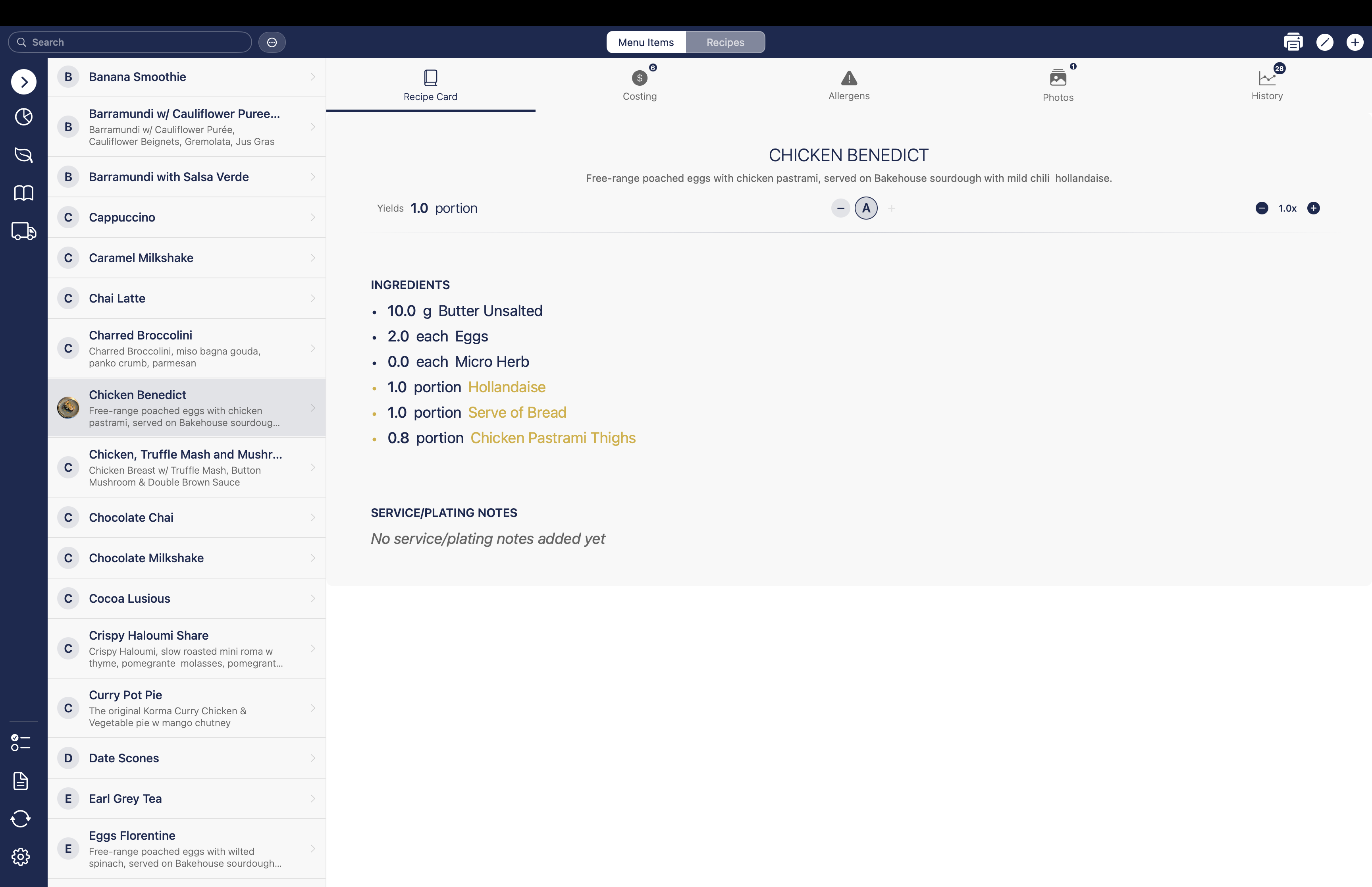 Plate Pro recipe card view showing ingredients and quantities